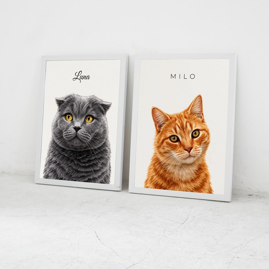 Two framed cat portraits, Luna and Milo, in white frames