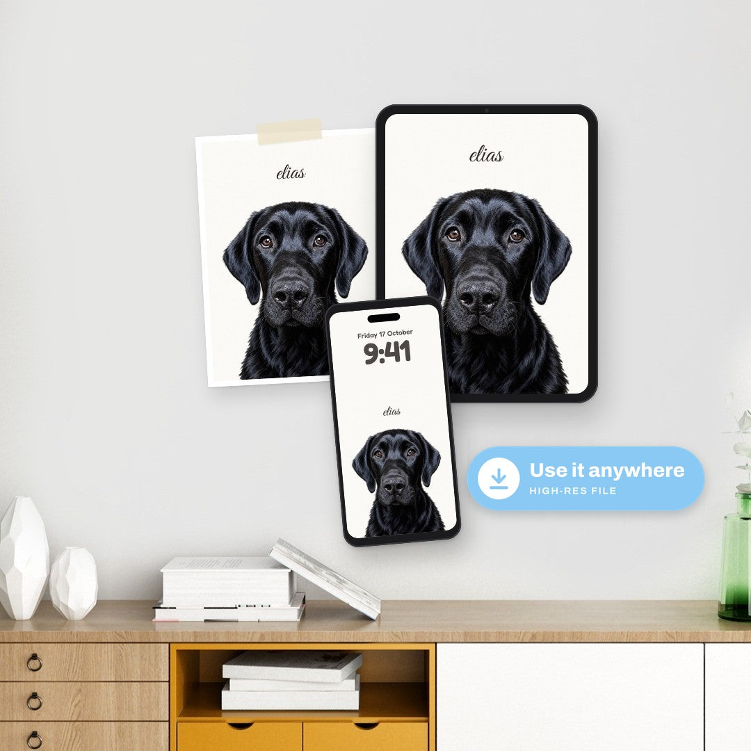 Pet portrait of Elias as a digital file, on a phone, a tablet and printed at home