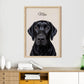 Custom pet portrait of a black Labrador named Max in a light wood frame