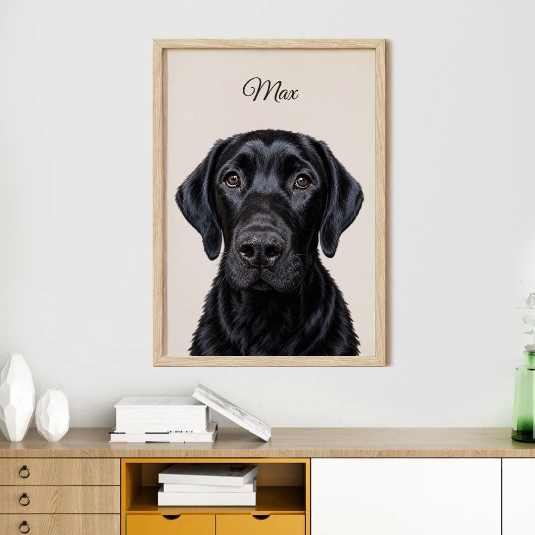 Custom pet portrait of a black Labrador named Max in a light wood frame