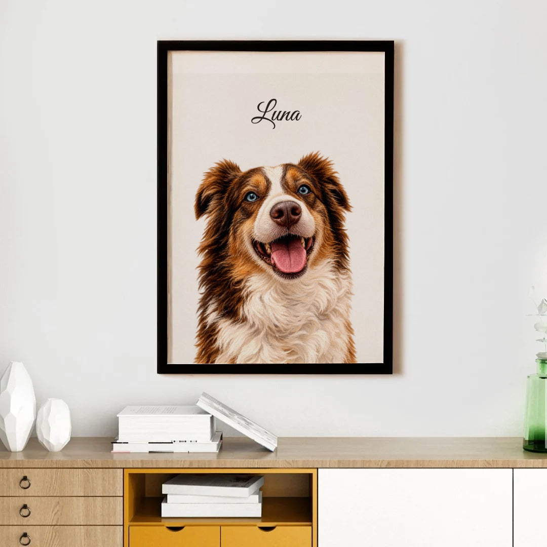 Custom portrait of an Australian Shepherd named Luna in a black frame