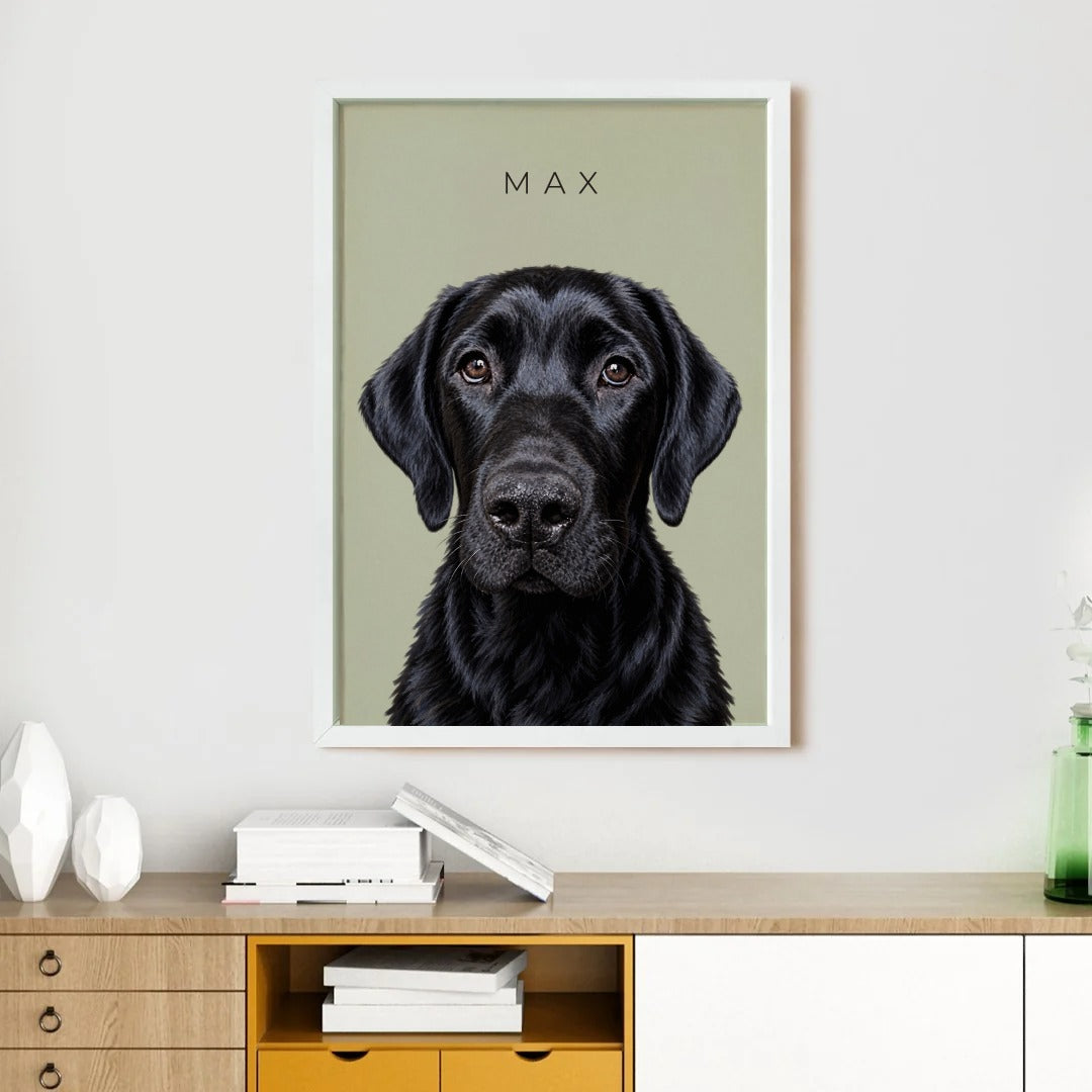 Pet portrait of Max on a sage background in a white frame