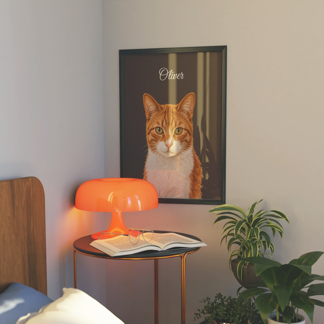 Custom portrait of an orange cat named Oliver on a charcoal background in a black frame