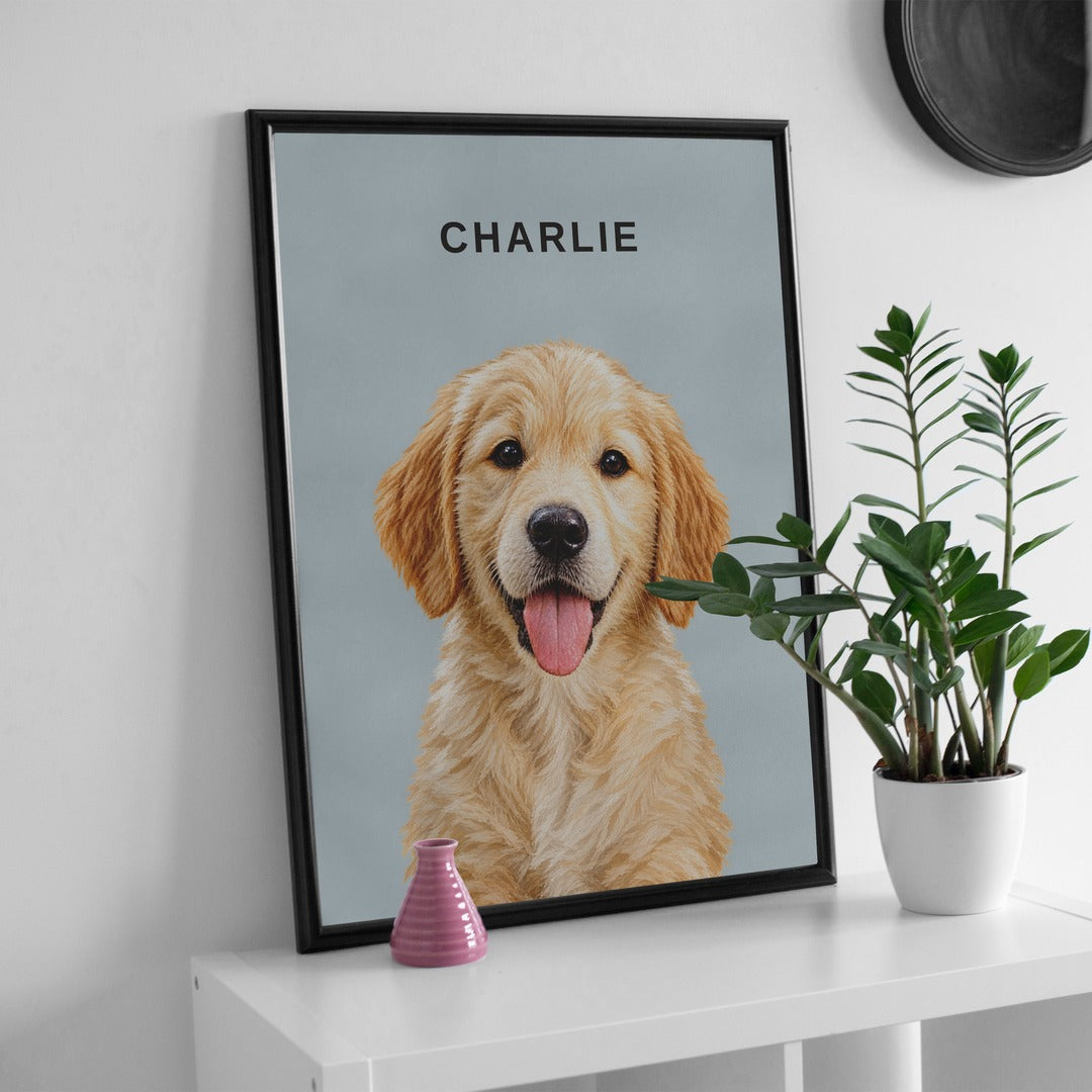 Framed portrait of Charlie on a light blue background leaning on a shelf