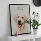 Framed portrait of a dog named Daisy leaning on a shelf