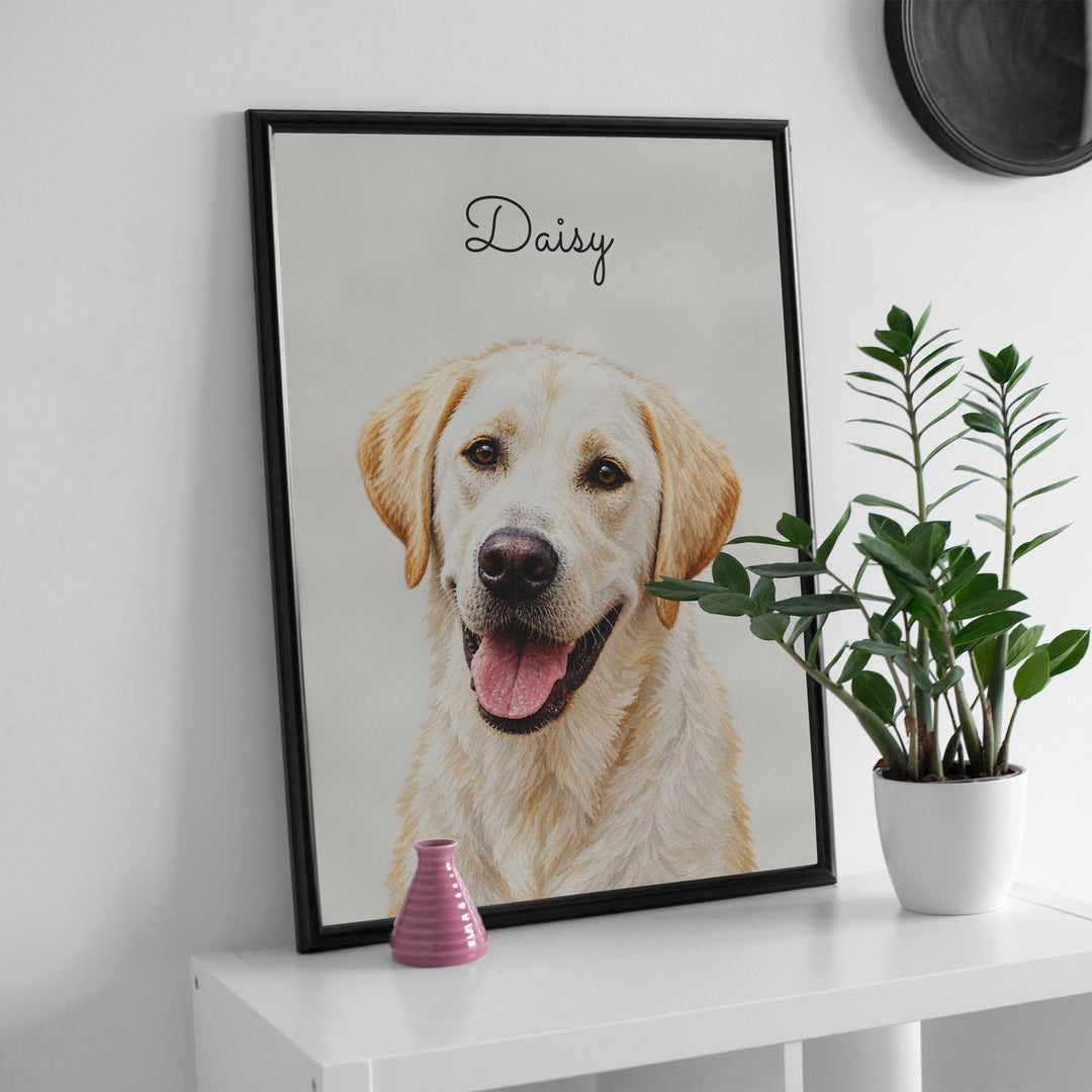Framed portrait of a dog named Daisy leaning on a shelf