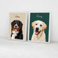 Two framed pet portraits, Bruno on sand and Daisy on teal