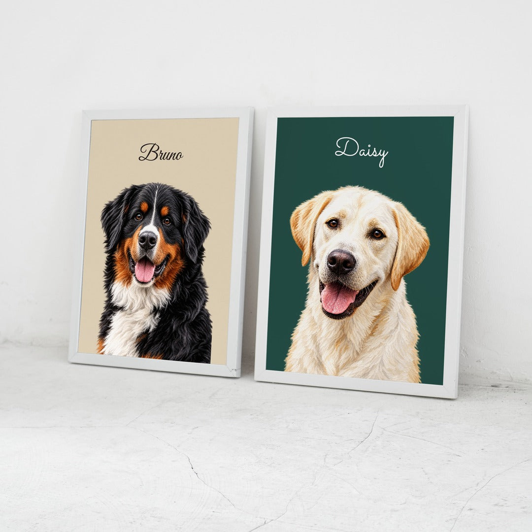 Two framed pet portraits, Bruno on sand and Daisy on teal