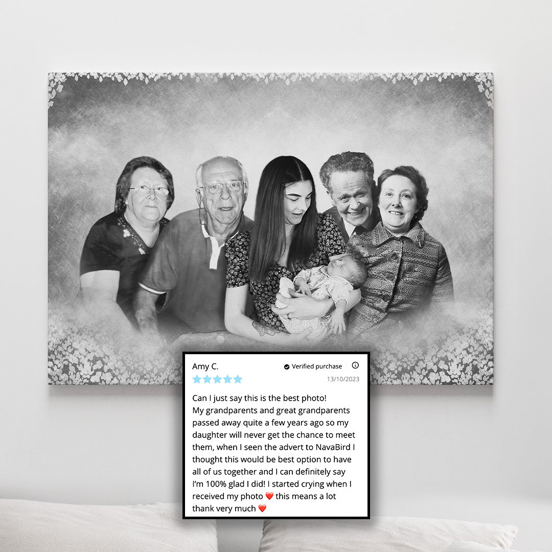 Wedding portrait with deceased parents or top grandparents - custom portrait made from different photos in black and white hand drawn style