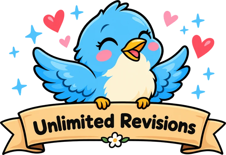Happy NavaBird mascot holding an Unlimited Revisions banner